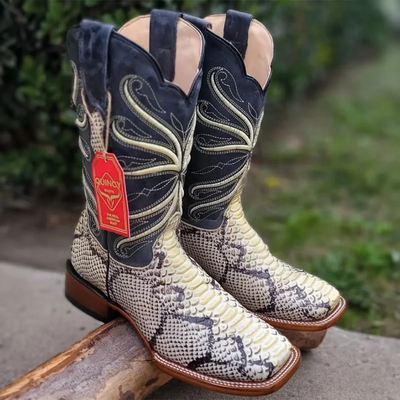 Men's cowboy boots with a distressed leather finishImitation Natural Python Cowboy Boots