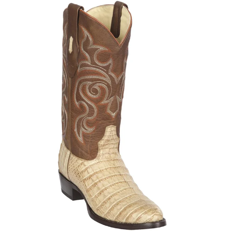 Western - style men's cowboy boots with intricate stitchingHoney Caiman Belly R-Toe Cowboy Boots