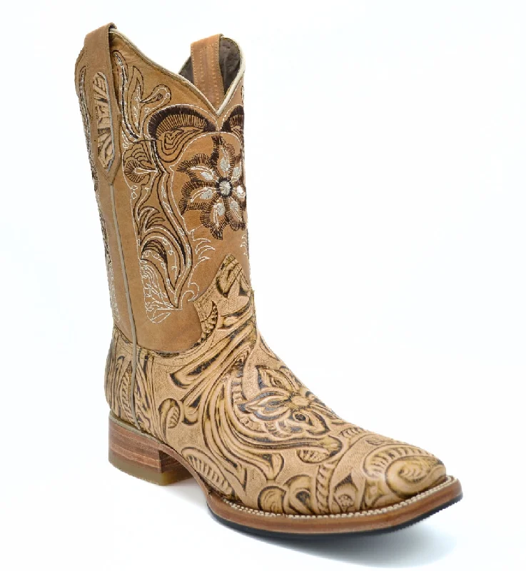 Men's western boots with a decorative inlay on the toe and heelJOE BOOTS 569 Hand Tooled Natural Men's Western Boots: Square Toe Cowboy & Rodeo Boots in Genuine Leather