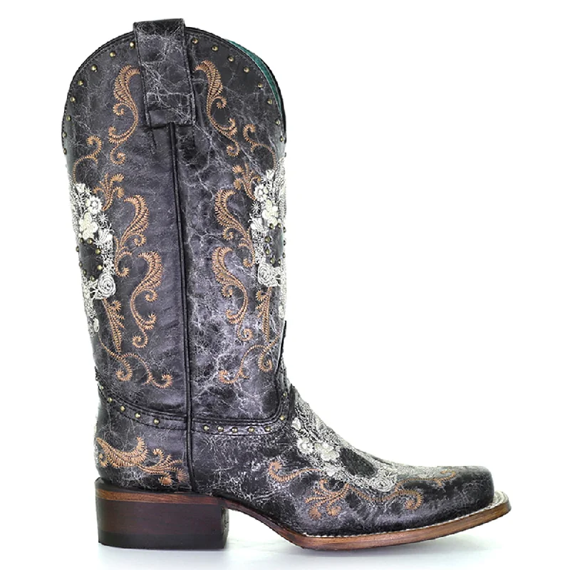 Men's cowboy boots with a leather lining for comfortFloral Embroidery & Studs Square Toe Cowboy Boots