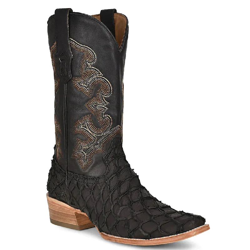 Men's cowboy boots with a concho belt detailBlack Pirarucu Fish Cowboy Boots