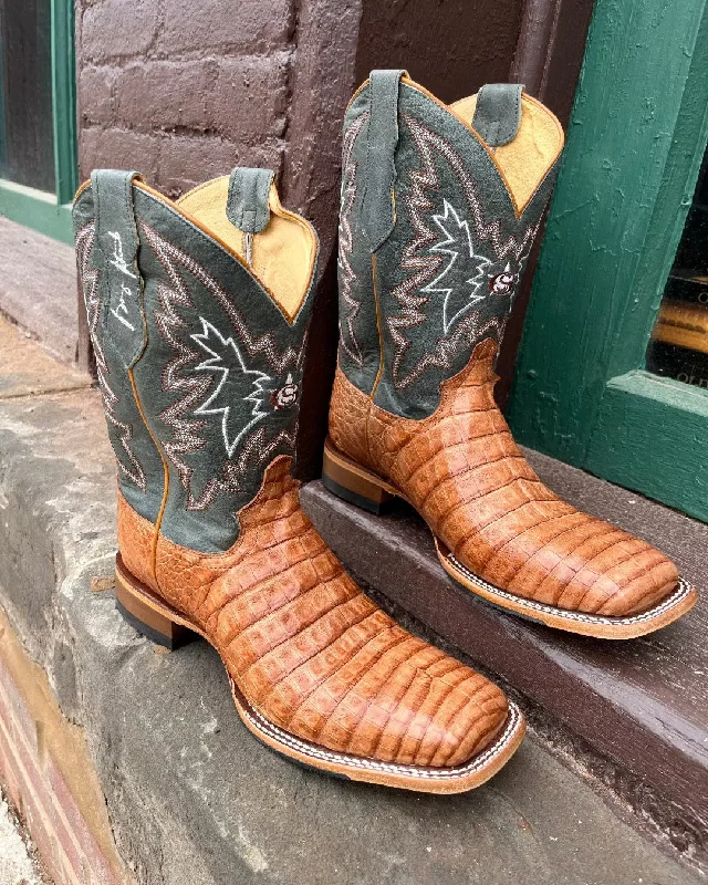 Men's cowboy boots with a concho belt detailJustin Men's George Strait Haggard Tan Caiman Square Toe Cowboy Boot GR5706 Men's cowboy boots with a concho belt detailJustin Men's George Strait Haggard Tan Caiman Square Toe Cowboy Boot GR5706