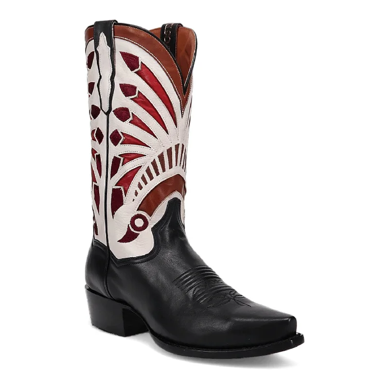 Western - style men's cowboy boots with intricate stitchingDan Post Mens Ronan Black/Multi Leather Cowboy Boots