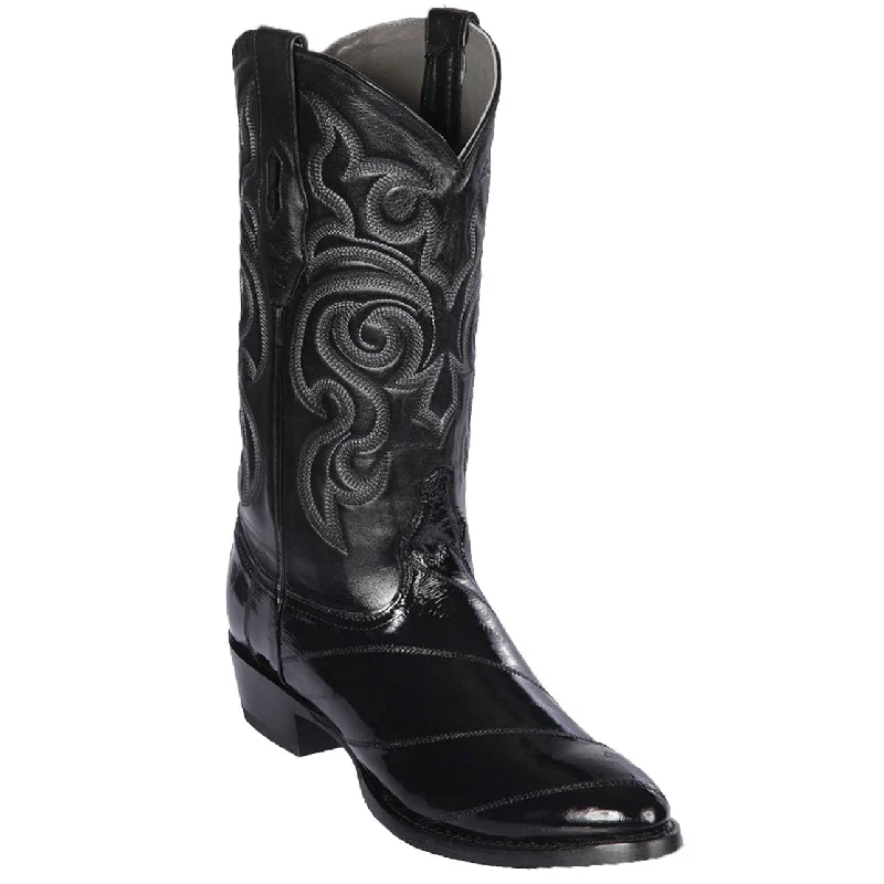 Men's cowboy boots with a tooled leather designBlack Eel Skin R-Toe Western Boots