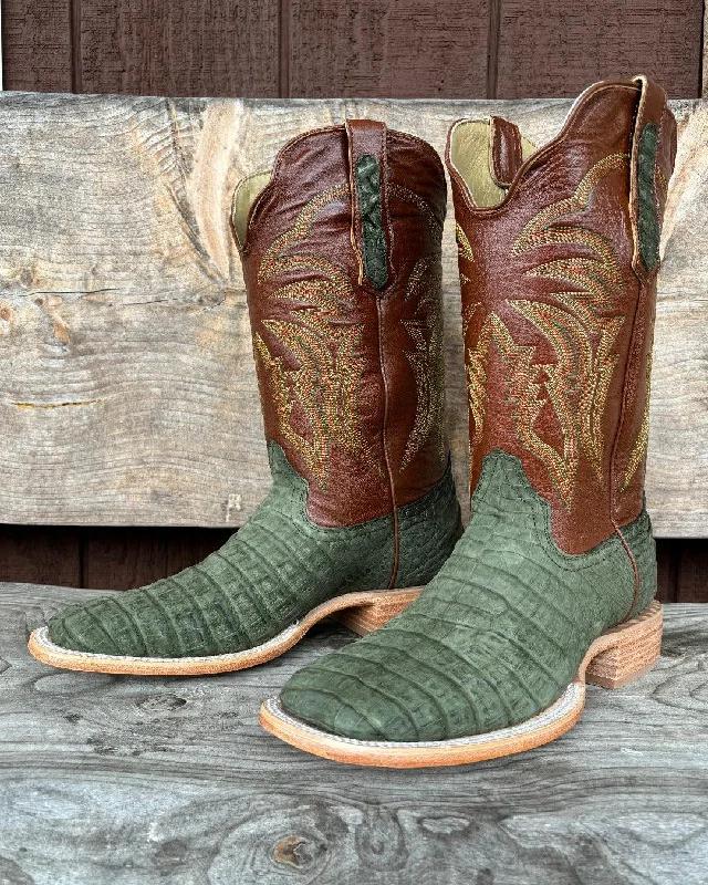 Men's cowboy boots with a decorative inlayR. Watson Men's Nubuck Olive Green Caiman Cowboy Boots RW2006