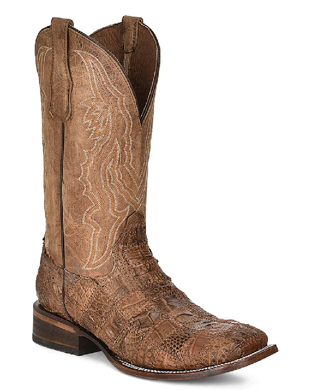 Men's western boots with a decorative inlay on the toe and heelMen's Patchwork & Embroidery Western Boots