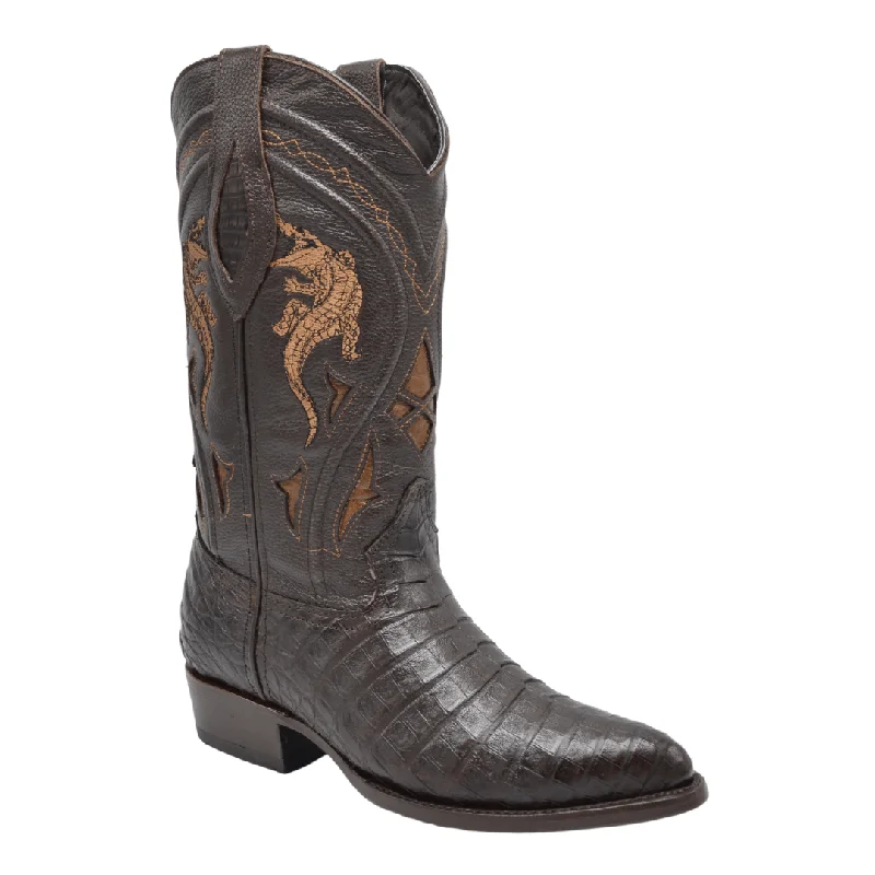 Men's cowboy boots with a snake - skin textureMen's western boots with a suede shaft and a leather soleJOE BOOTS 908 BROWN J Toe Boots  Original  Men's Cowboy Boots Caiman Genuine Leather,  Western Boots.