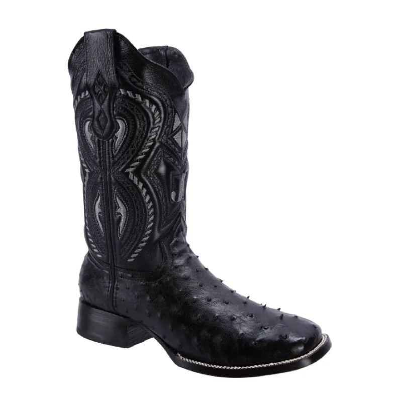 Men's cowboy boots with a spur ledgeMen's western boots with a decorative concho belt and buckleRC 703 Original Men's Ostrich BLACK  Western Boots, Square Toe Cowboy boots, Authentic Ostrich Leather