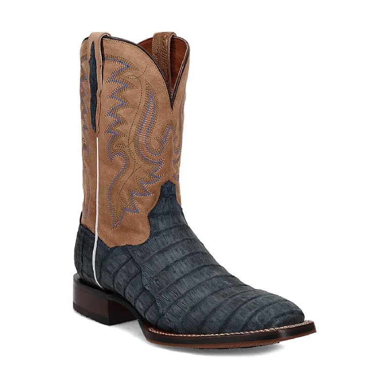 Men's cowboy boots with a concho belt detailDan Post Mens Leon Denim/Tan Caiman Cowboy Boots Men's cowboy boots with a concho belt detailDan Post Mens Leon Denim/Tan Caiman Cowboy Boots