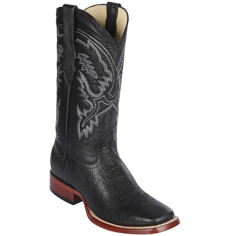 Men's cowboy boots with a high - heeled designBull Shoulder Black Square Toe Cowboy Boots