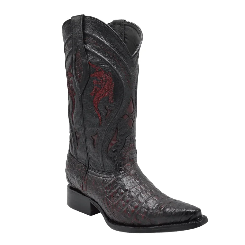 Men's cowboy boots with a leather sole for a classic lookMen's western boots with a leather - wrapped heel and a smooth finishRC 608 BLACK CHERRY,  Men's Western Boots, Snip Toe,  Cowboy Boots in Genuine Caiman skin