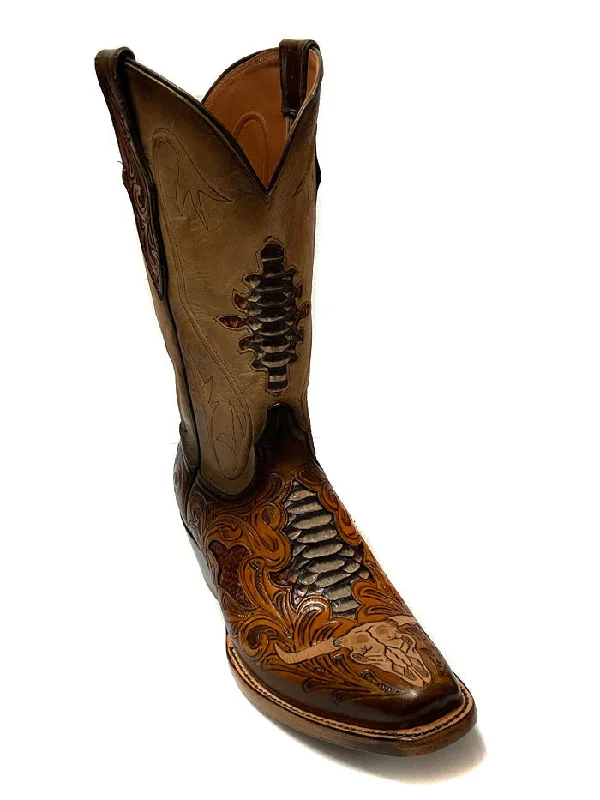 Men's cowboy boots with a leather sole for a classic lookBlack Jack HT-1425 Mens Hand Tooled Byson Skull Boot Rust Dyed Men's cowboy boots with a leather sole for a classic lookBlack Jack HT-1425 Mens Hand Tooled Byson Skull Boot Rust Dyed