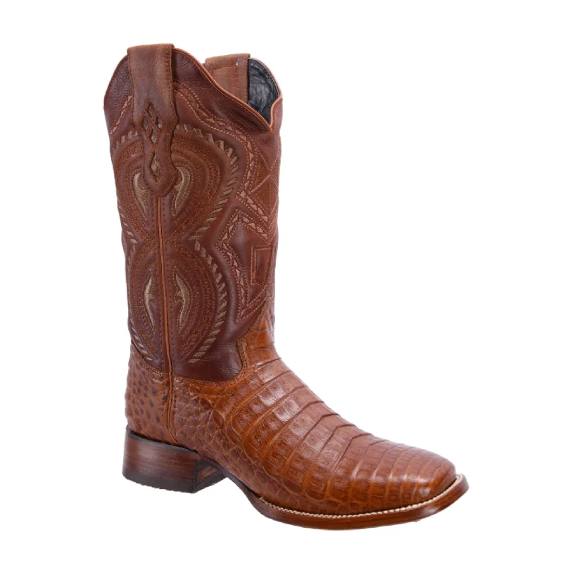 Men's cowboy boots with a heel guardMen's western boots with a traditional western boot silhouette and a polished shineRODEO CARTIE 706 Original Men's Caiman COGNAC Western Boots, Square Toe Cowboy boots, Authentic Caiman Leather