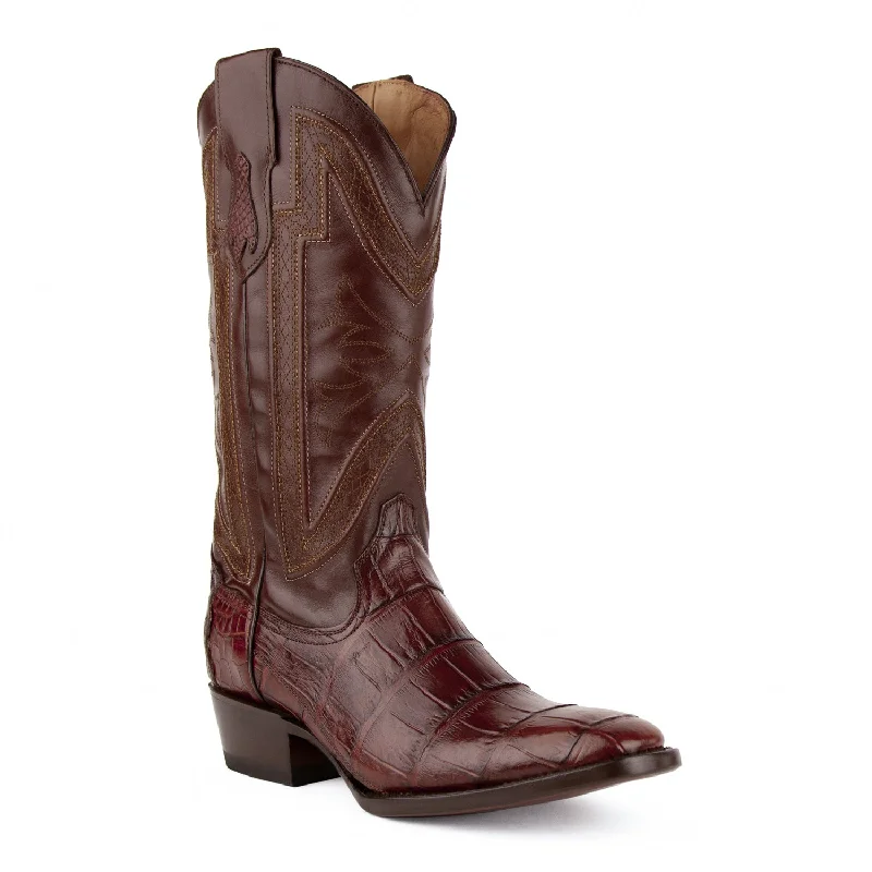 Men's cowboy boots with a concho belt detailFerrini Mens Chocolate Leather Gator Belly R-Toe Stallion Cowboy Boots