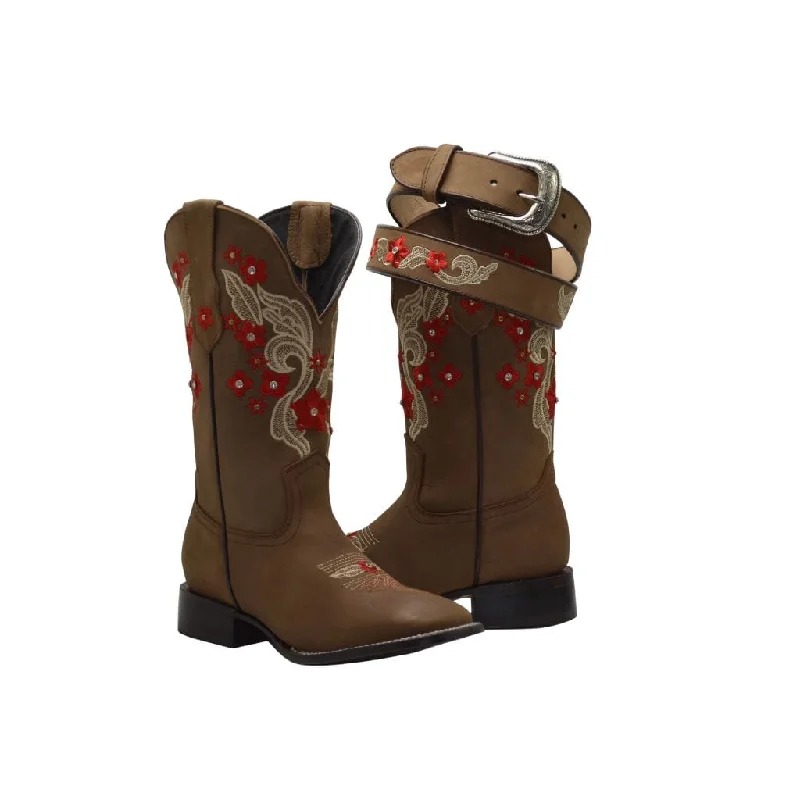 Men's western boots with a traditional western boot silhouette and a polished shineJOE BOOTS JB16-06  Premium Women's Western Boots,  Embroidered Boots: Square Toe, Red Flowers SET with Belt.