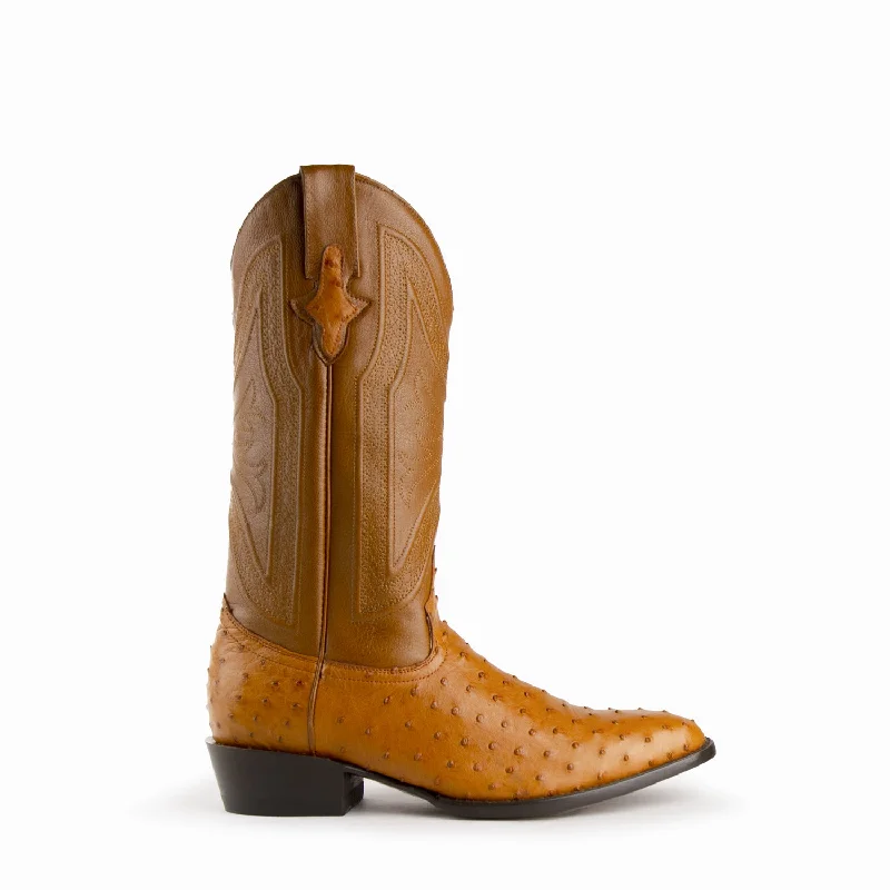 Alligator - print men's cowboy boots for a bold lookFerrini Mens Cognac Leather Full Quill Ostrich R-Toe Colt Cowboy Boots