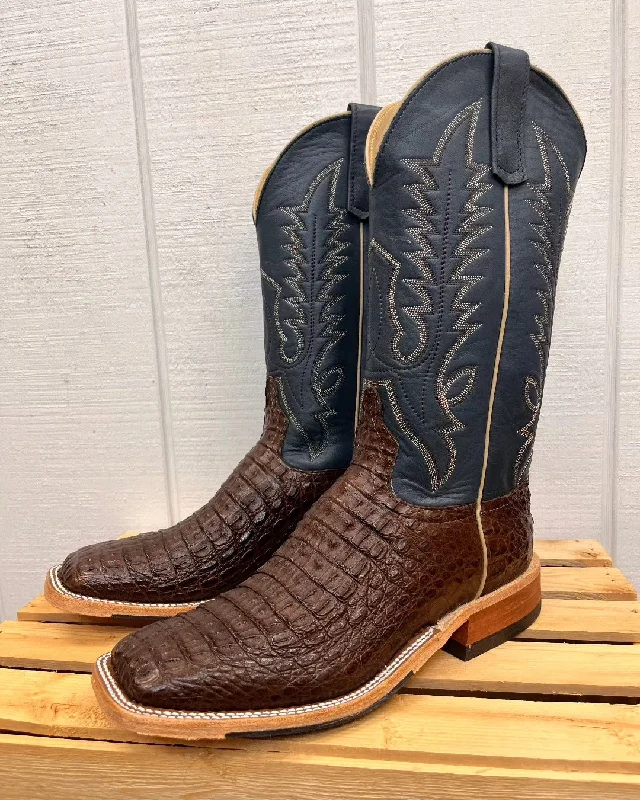 Men's cowboy boots with a tooled leather designAnderson Bean Men's Chocolate Lux Caiman Square Toe Cowboy Boots 338112