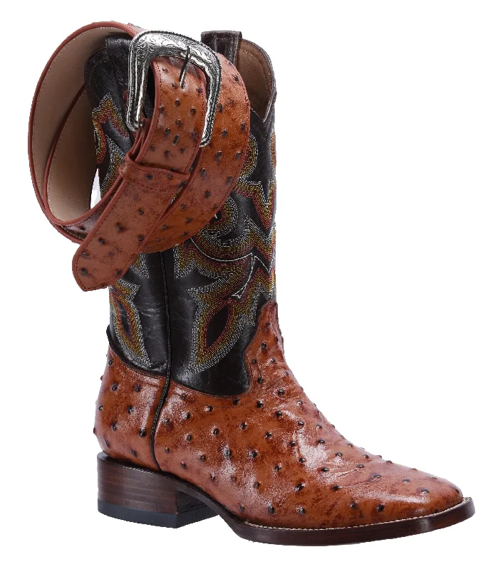 Men's cowboy boots with a pull - on strapBD701 COGNAC Combo Men's Western Boots: Square Toe Cowboy & Rodeo Boots Ostrich Print Genuine Leather with Belt BD701 Men's cowboy boots with a pull - on strapBD701 COGNAC Combo Men's Western Boots: Square Toe Cowboy & Rodeo Boots Ostrich Print Genuine Leather with Belt BD701