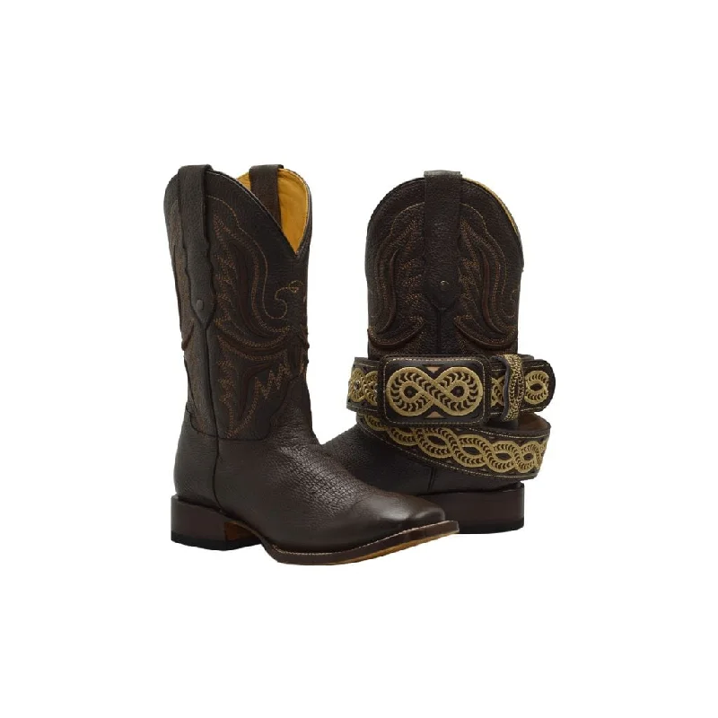 Men's western boots with a decorative concho belt and buckleRC 095 DARK BROWN COMBO Men's Western Boots: Square Toe Cowboy & Rodeo Boots in Genuine Leather with CB Caporal Belt