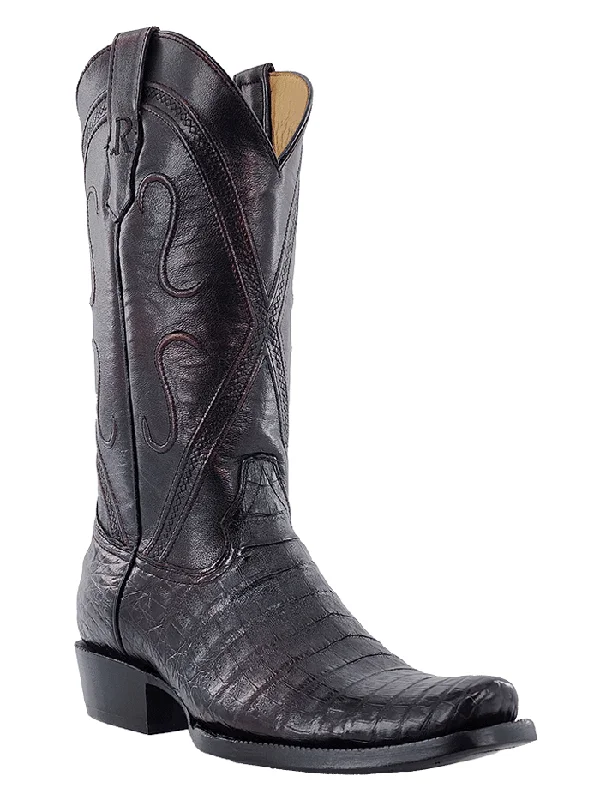 Western - style men's boots with intricate tooling and stitchingR.Watson RW2002-1 Mens Caiman Belly Western Boots Black Cherry