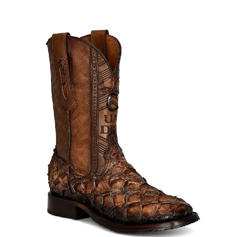 Men's cowboy boots with a tooled leather designMens Honey Fish Pirarucu Square Toe Cowboy Boots