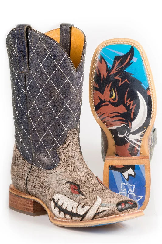 Men's cowboy boots with a decorative inlayTin Haul Mens Brown/Blue Leather Not Boaring Cowboy Boots