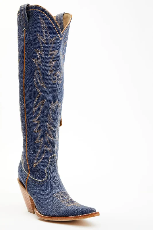 Men's cowboy boots with a rubber sole for tractionGwennie Denim Tall Western Boots - Snip Toe Men's cowboy boots with a rubber sole for tractionGwennie Denim Tall Western Boots - Snip Toe