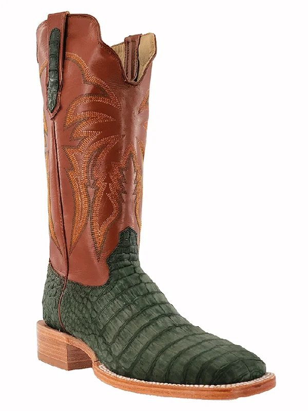 Men's western boots with a leather sole and a heel guardR.Watson RW2006-2 Mens Caiman Belly Western Boots Nubuck Olive Green