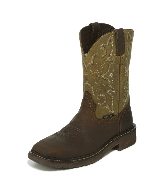 Men's cowboy boots with a leather sole for a classic lookJustin Stampede ST Mens Cactus/Chocolate Amarillo Leather Cowboy Boots