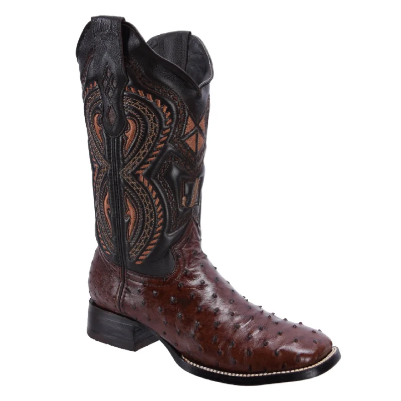 Men's cowboy boots with a suede shaftMen's western boots with a decorative inlay on the toe and heelRC 703 Original Men's Ostrich BROWN Western Boots, Square Toe Cowboy boots, Authentic Ostrich Leather