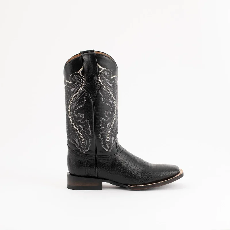 Men's cowboy boots with a snake - skin textureFerrini Mens Black Leather Teju Lizard S-Toe Taylor Cowboy Boots