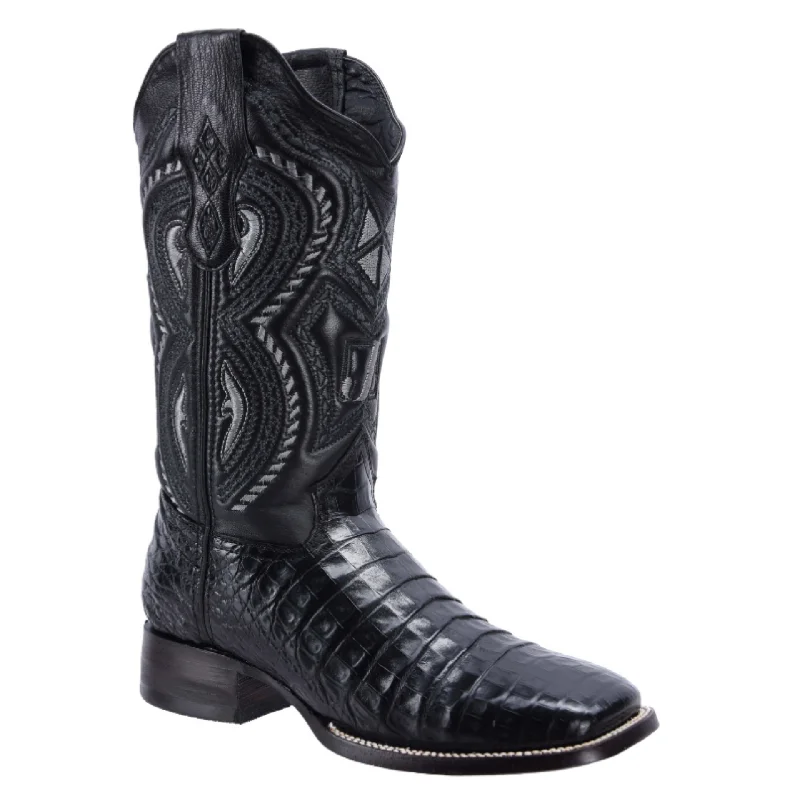 Men's genuine leather cowboy boots with a pointed toeMen's genuine leather western boots with a snake - skin inlayRC 706 Original Men's Caiman BLACK Western Boots, Square Toe Cowboy boots, Authentic Caiman Leather