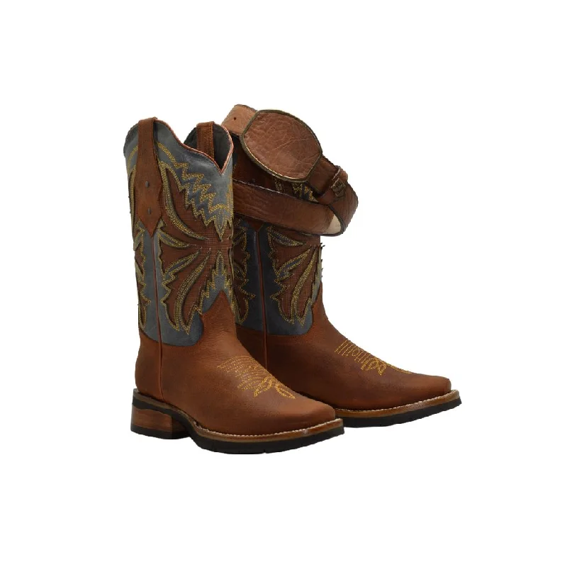 Men's western boots with a suede shaft and a leather soleJOE BOOTS SG518 TAN COMBO Men's Western Boots: Square Toe Cowboy & Rodeo Boots in Genuine Leather with Tan Belt 140