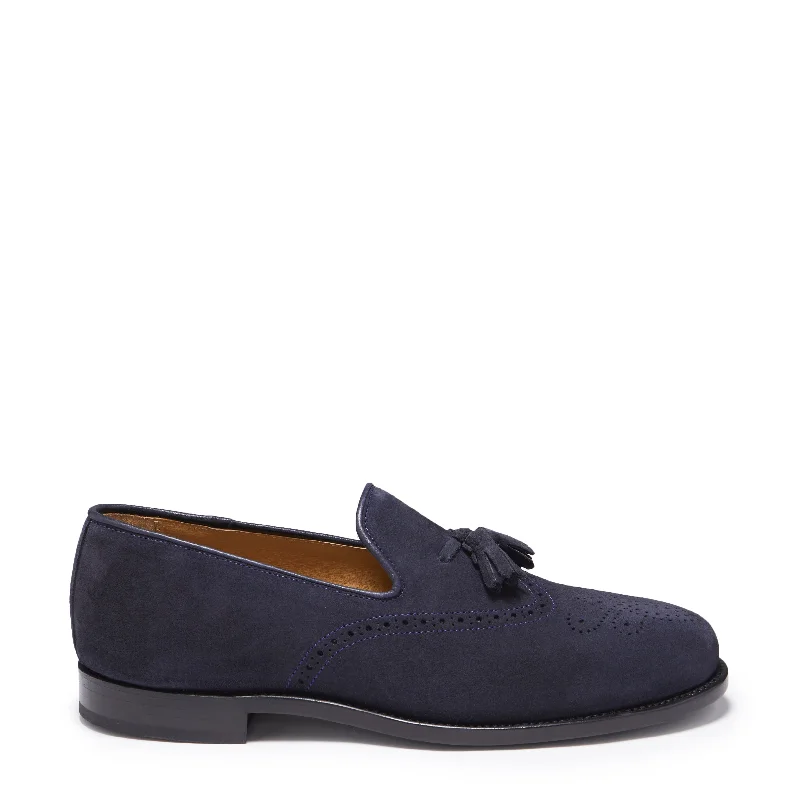 Men's loafers with a leather lining for comfort Slip - on men's loafers for easy wearNavy Blue Suede Tasselled Brogues, Welted Leather Sole