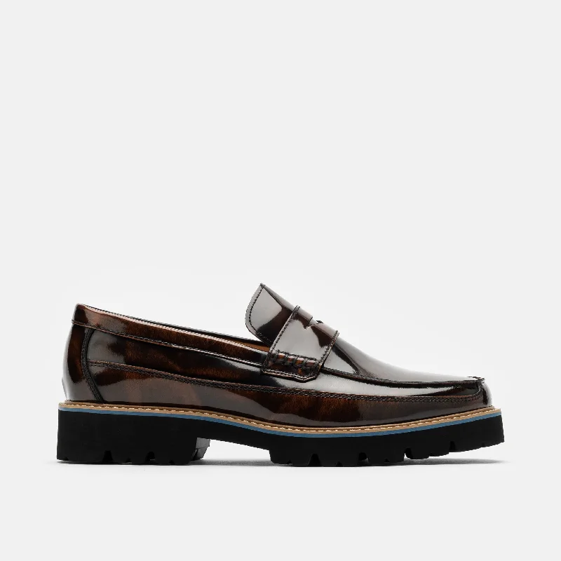 Men's loafers with a pointed toe for a stylish appearance Men's loafers with a contrast stitching detailAdler Mahogany Patent Leather Lug Penny Loafers