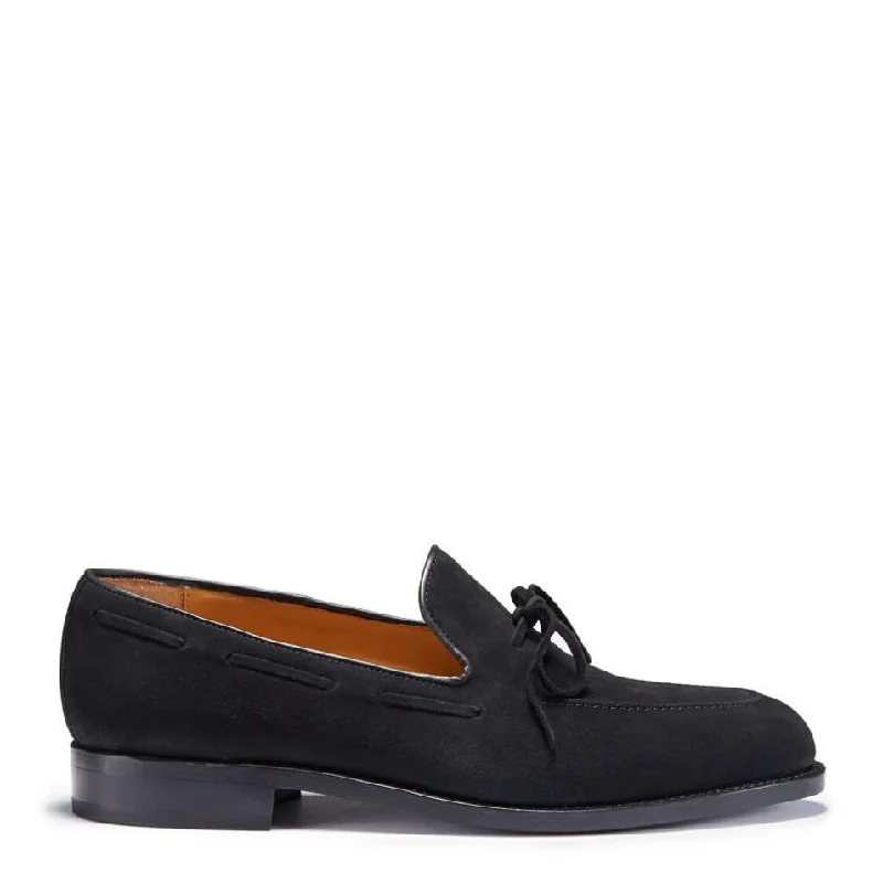Men's loafers with a low - heeled design Men's loafers in a neutral color like black or brownBlack Suede Laced Loafers, Welted Leather Sole