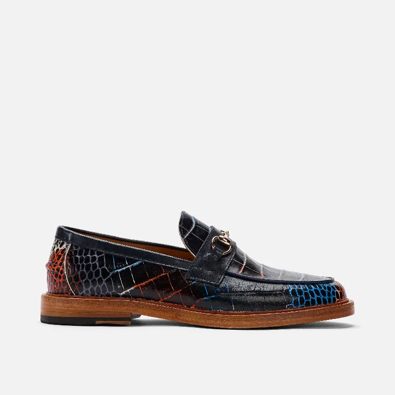 Men's loafers with a flexible sole for easy movementBoardwalk Navy Blue Croc Leather Horse-Bit Loafers