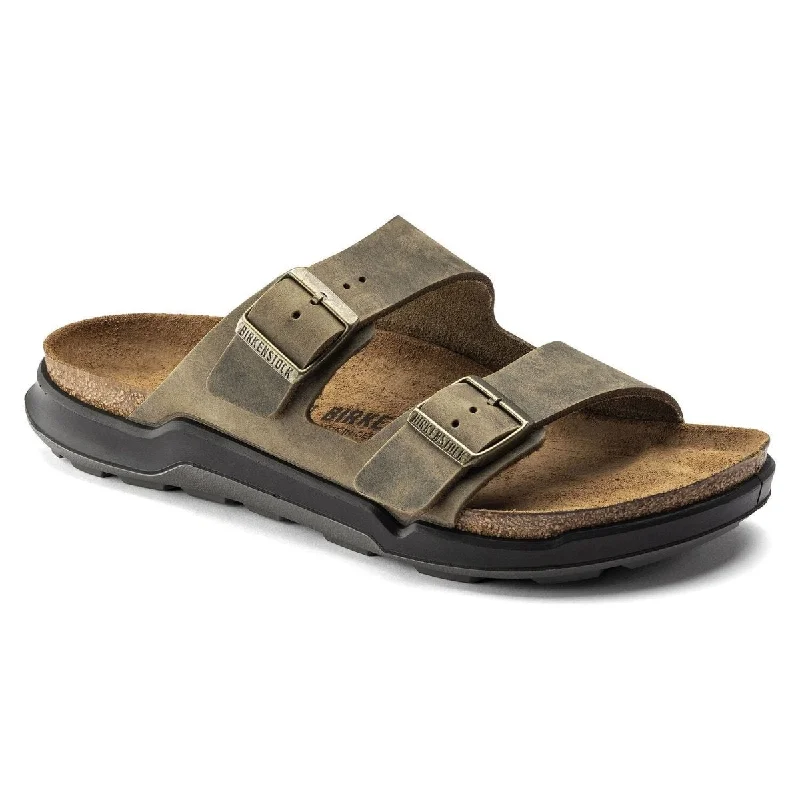 Men's sandals with a toe post designBirkenstock Men's Arizona Rugged Cross Town Faded Khaki Oiled Leather