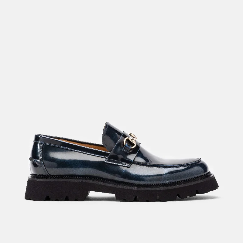 Men's loafers with a low - heeled design Men's loafers in a neutral color like black or brownBlake Navy Patent Leather Lug Bit Loafers