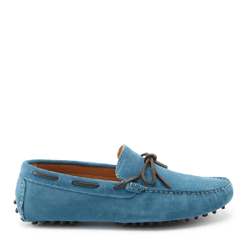 Men's loafers with a cushioned footbed Men's loafers with a perforated leather upper for ventilationLaced Driving Loafers, petrol blue suede
