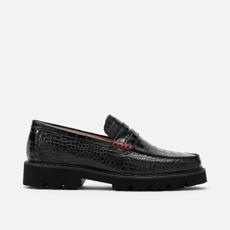 Men's leather loafers with a penny slot Men's loafers with a low - heeled designAdler Black Croc Leather Lug Penny Loafers