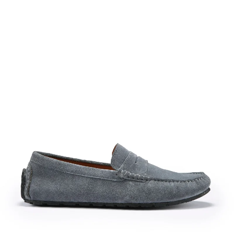 Men's leather loafers with a penny slotTyre Sole Penny Driving Loafers, slate grey suede