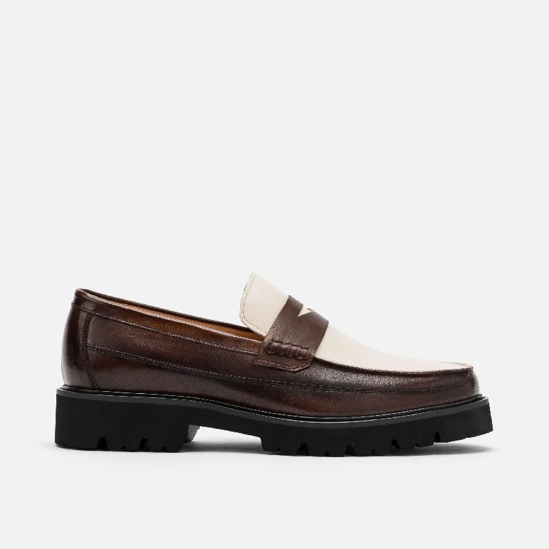 Men's loafers with a smooth leather finish Men's loafers with a leather lacing systemAdler Brown/White Leather Lug Penny Loafers