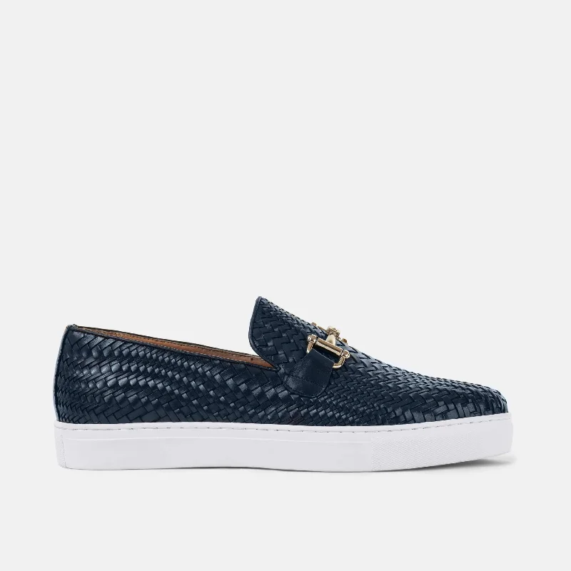 Men's loafers with a leather lacing systemBoardwalk Navy Woven Leather Horse-Bit Sneakers