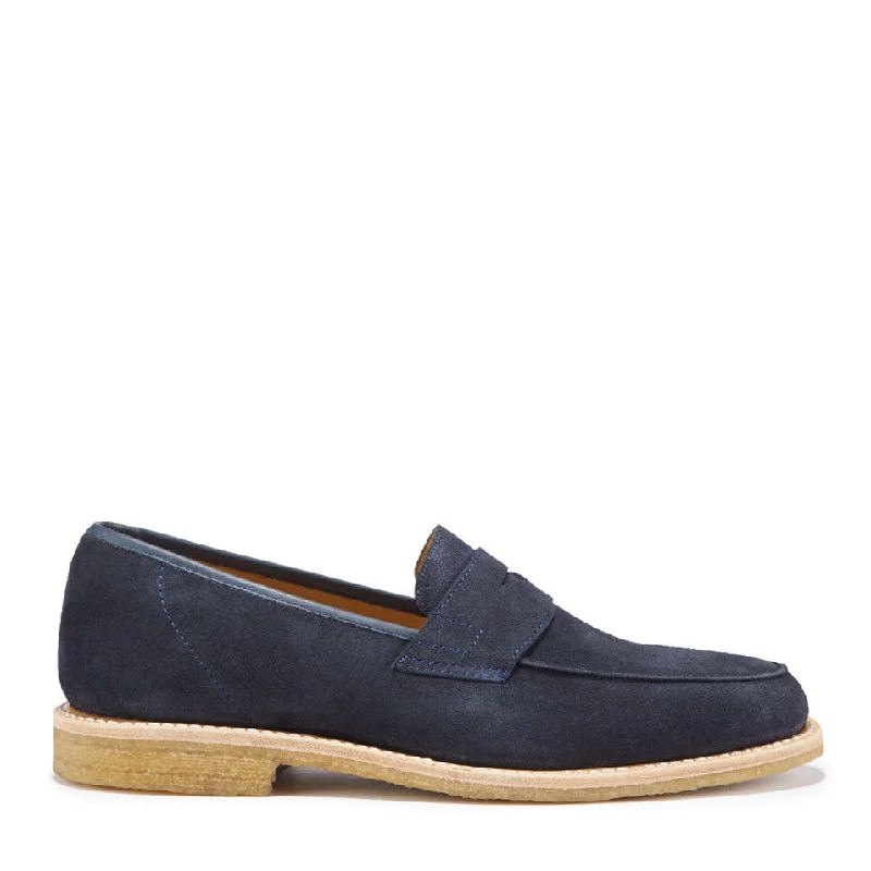 Men's leather loafers with a penny slotBlue Suede Loafers, Crepe Rubber Welted Sole