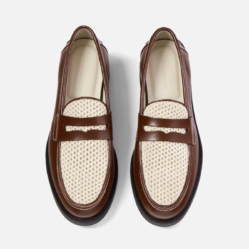 Men's loafers with a perforated leather upper for ventilationWilde Chestnut + White Rattan Penny Loafer - Men's