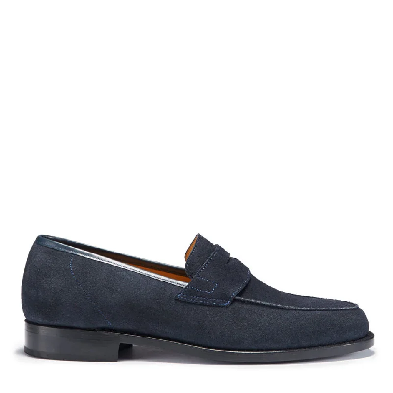 Men's loafers with a removable insole for cleaning Men's loafers with a moc - toe designNavy Blue Suede Loafers, Welted Leather Sole