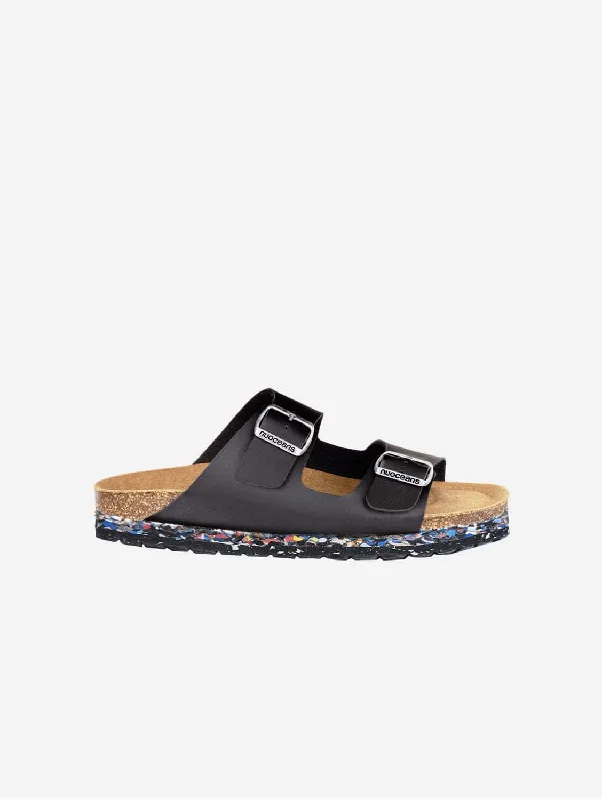 Men's sandals with a perforated leather upper for ventilationNuo Recycled Flipflop & Cork Buckled Sandals | Onyx