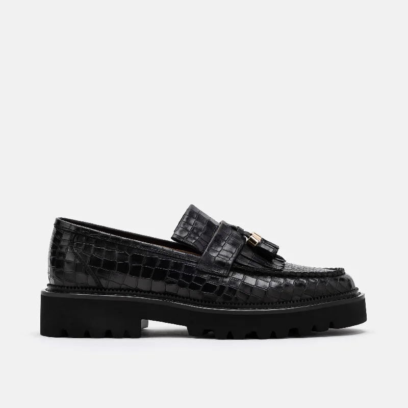 Men's loafers with a perforated leather upper for ventilation Men's loafers with a removable insole for cleaningJourney Black Croc Leather Lug Tassel Loafer