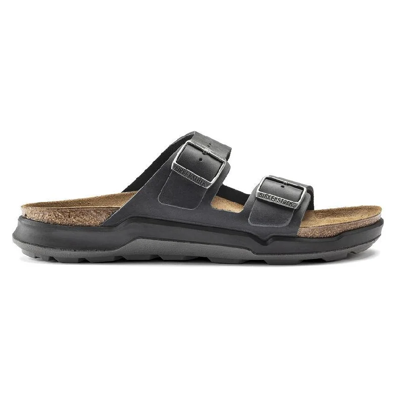 Men's sandals with a perforated leather upper for ventilationBirkenstock Men's Arizona Rugged Cross Town Black Oiled Leather